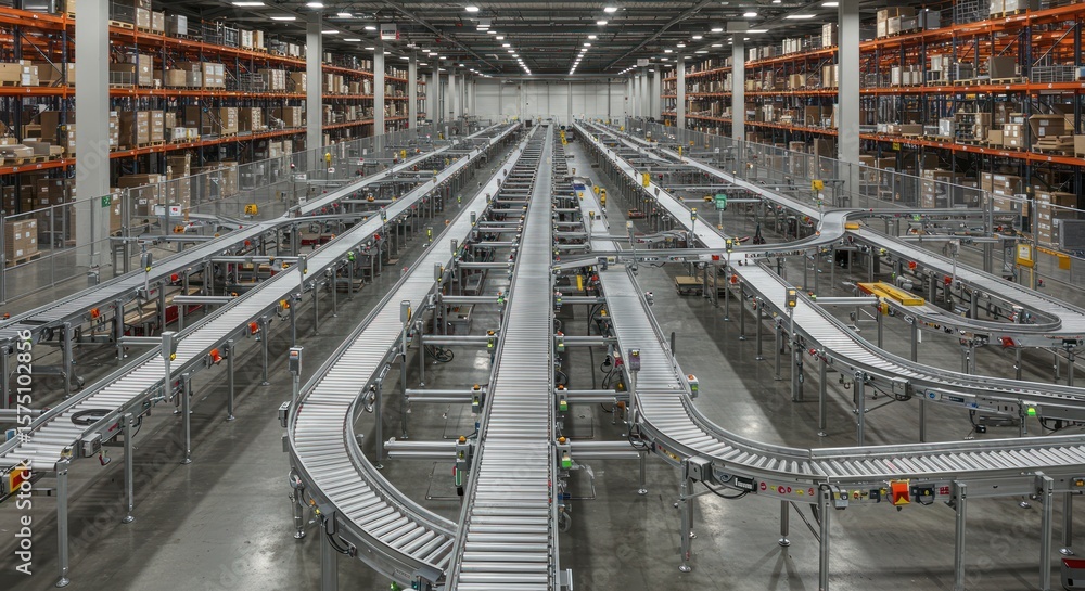Fototapeta premium Logistics hub showcasing advanced conveyor system and automated distribution processes