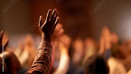 Congregation with raised hands in soft focus Christian worship service setting 4K Seamless loop animation