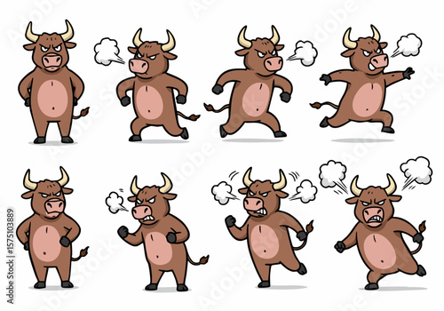 Set of eight angry cartoon bull characters in various aggressive poses with steam coming from their noses, isolated vector illustration.