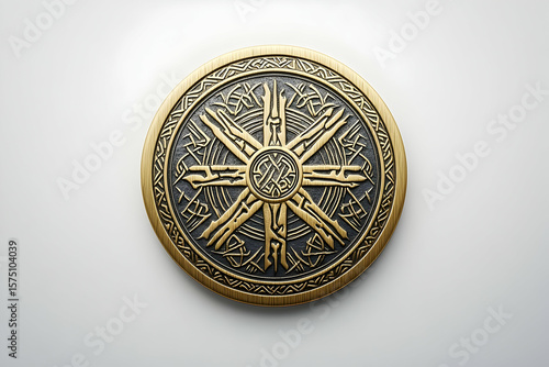 Ornate coin-like object with geometric patterns and radial symmetry, resting on a white surface