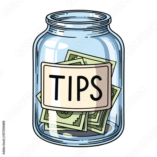 Illustration of a Glass Jar Full of Tips Money for Service Industry Earnings and Saving