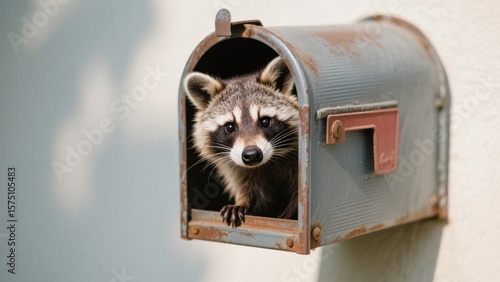 A curious raccoon peers out from a rustic, weathered mailbox, its masked face and inquisitive eyes capturing a moment of playful wildlife encounter in a suburban setting .