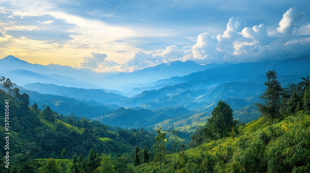 Fototapeta premium Majestic layered mountain range with vivid green foliage and a soft sky