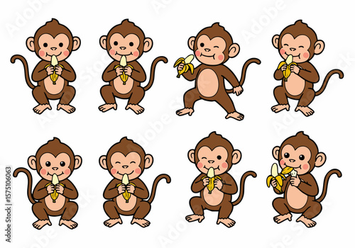 Set of adorable baby monkeys enjoying fresh bananas, isolated cartoon illustrations in various poses
