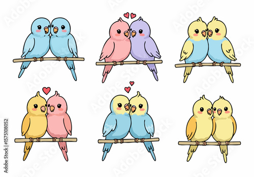 Set of cute cartoon colorful budgie bird couples sitting on branches, illustration vector graphic on white background with hearts showing love and affection.