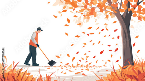 Efficient Janitor Sweeping Fallen Leaves - Professional Cleaning Service Illustration