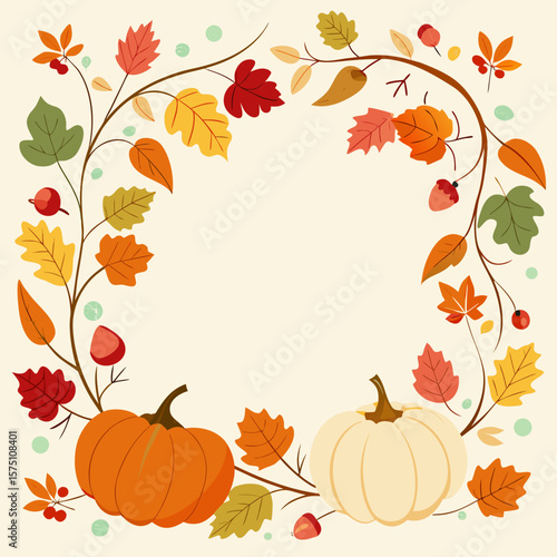 Festive autumn wreath with pumpkins and colorful falling leaves creating a seasonal border