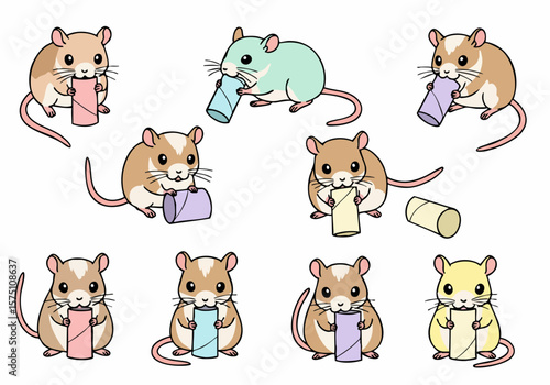 Cute cartoon mice and gerbils playing with cardboard tubes, isolated on a white background.