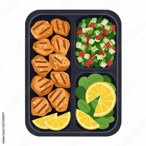 Mediterranean food Icon - Grilled chicken with salad and lemon slices  