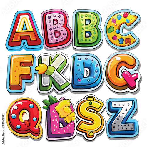 Colorful, cartoonish alphabet letters, decorated with various elements like sprinkles, fruit, and paint swatches
