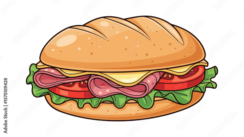 Delicious Cartoon Sandwich Illustration with Ham Cheese and Fresh Vegetables isolated on white Delicious Cartoon Sandwich Illustration with Ham Cheese and Fresh Vegetables isolated on white