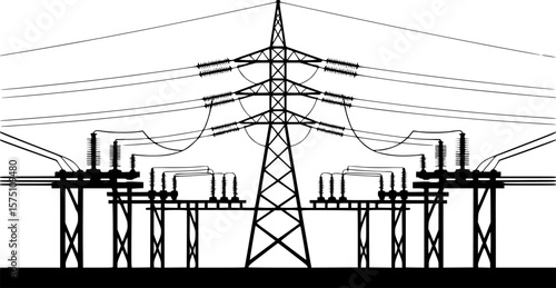 Detailed illustration of a power substation and transmission lines.