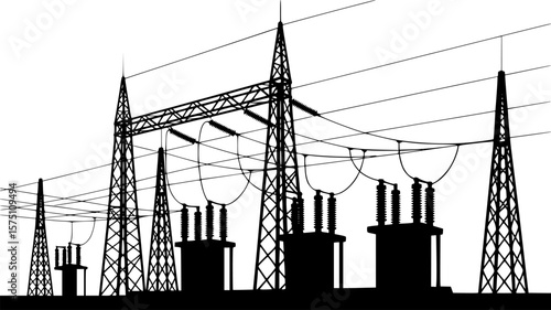 Silhouette of a power station and transmission lines.