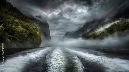 Misty Fjord Boat Wake Dramatic Landscape Photo