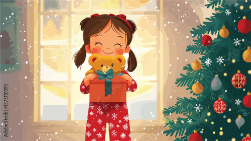 Sweet Little Girl in Pajamas Lovingly Embracing Teddy Bear