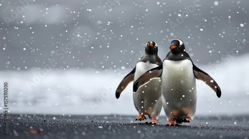 Gentoo Penguins in Snowstorm: Two gentoo penguins walk together in a snowstorm, showcasing their resilience and camaraderie in harsh Antarctic weather.