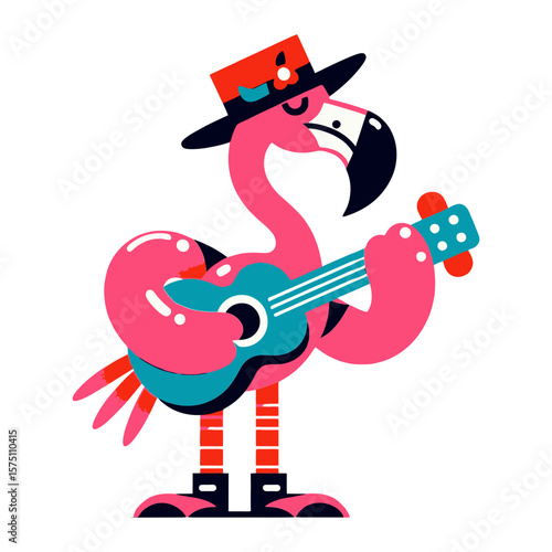 This playful flamingo, adorned with a hat and playing a guitar, is perfect for websites or blogs about music, tropical themes, entertainment, or unique character designs.

