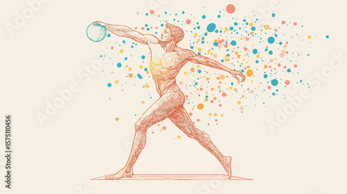 Dynamic Line Drawing of Discus Thrower Athlete in Action