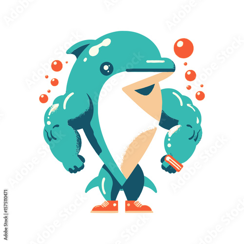 muscular, cartoon dolphin can be used by websites or blogs to represent strength, fitness, sports, or a powerful mascot, especially for themes related to marine life, health, or playful competition.