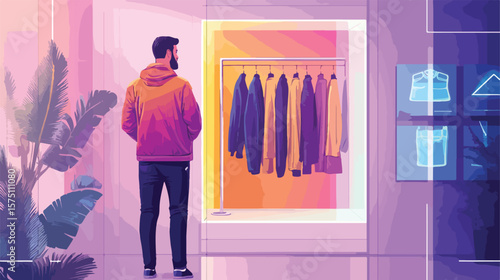 Man Choosing Clothes in Virtual Fitting Room Concept