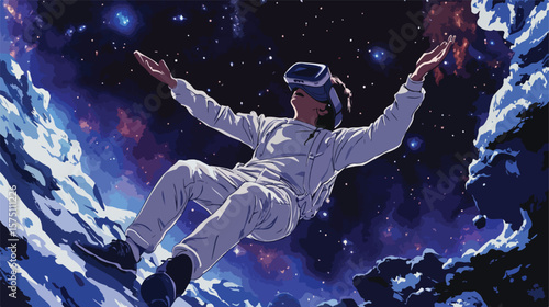 Virtual Reality Experience: Man Embracing Space in Flat Vector Illustration