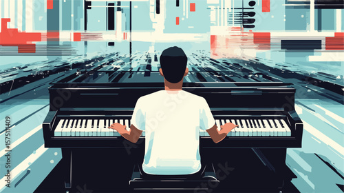 Professional Man Playing Virtual Piano Flat Vector Illustration