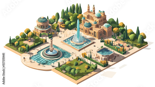 Isometric City Park Landscape Design Concept with Modern Architecture and Green Spaces