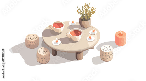 Isometric Coffee Table Setup with Teacups and Candles