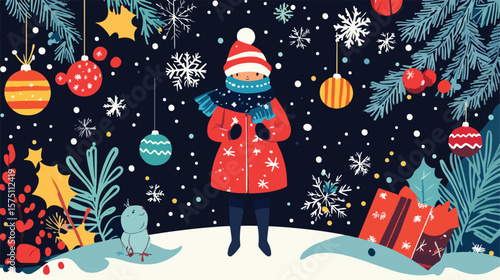 Vibrant Merry Christmas Card Design in Flat Vector Style