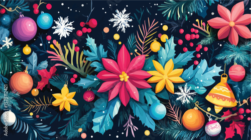 Colorful Merry Christmas Flat Vector Illustration Card Design