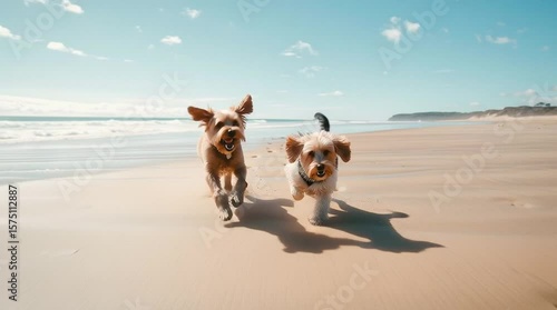Beach Bliss: Two dogs sprint playfully along a pristine sandy beach on a sunny day, their joyful energy radiating through the coastal landscape. 