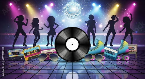 Silhouetted dancers enjoy a disco party with roller skates, vinyl record, and cassettes.