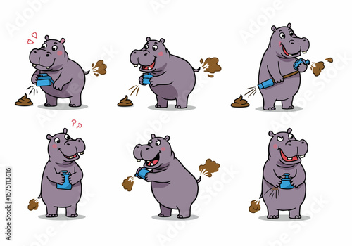 Cartoon hippo spraying water on poop piles or farting in humorous poses