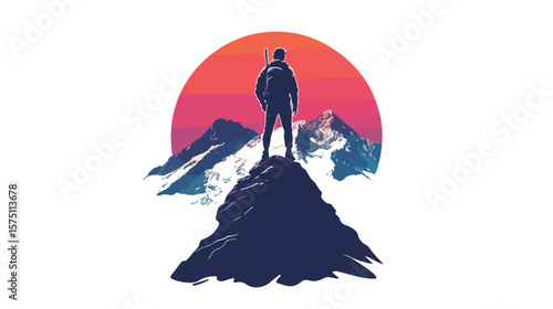 Vintage Mountain Travel Emblem with Man Standing on Summit