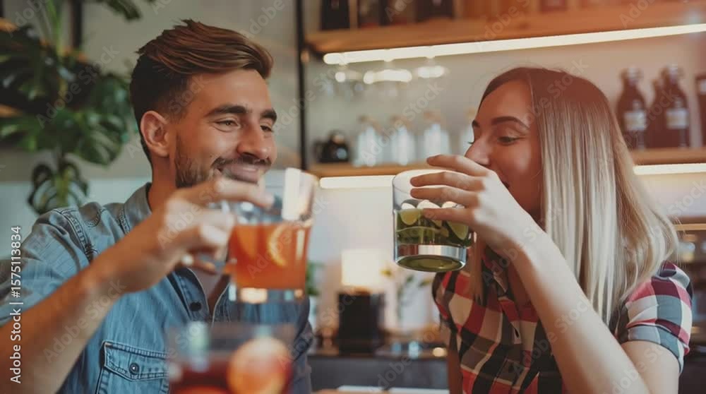 Cheers to Moments: A smiling man and woman share a toast with refreshing beverages. Capture the joy of togetherness and celebration. Cheers to Moments: A smiling man and woman share a toast with refreshing beverages. Capture the joy of togetherness and celebration.