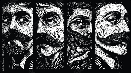 Vintage Black and White Mustache Set in Retro Style Block