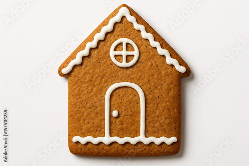 A single gingerbread house with white icing on a white background in a studio shot centered frame