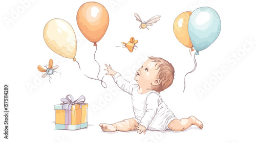 Cute Newborn Baby Playing with Fly Gifts and Balloon