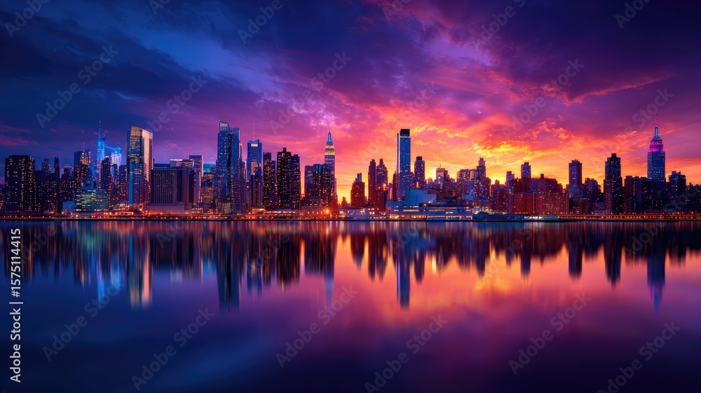Fototapeta premium Colorful city skyline reflected in calm water at sunrise.