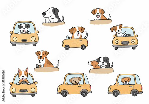 Set of cute cartoon dogs driving and riding in various yellow cars, isolated hand-drawn illustration.