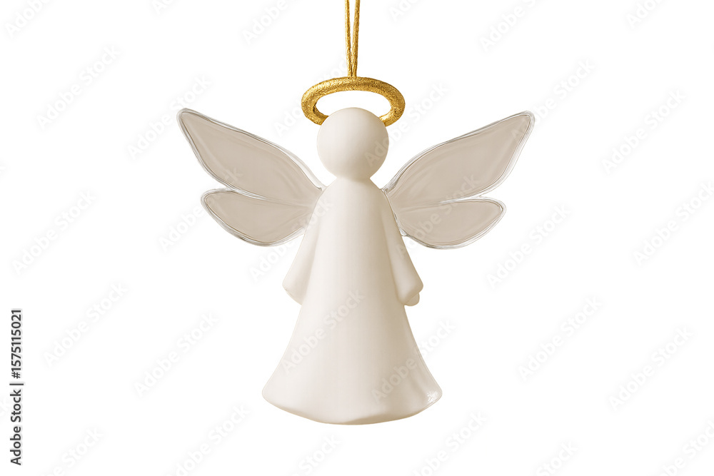 Fototapeta premium Close up of a white angel ornament with a gold halo hanging on a black background in a studio shot