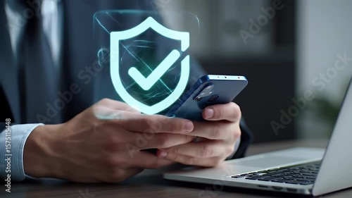 Man Holds Phone with Security Shield Hologram Over Laptop in Office Setting Represents Data Protection Digital Safety Technology Future Innovation