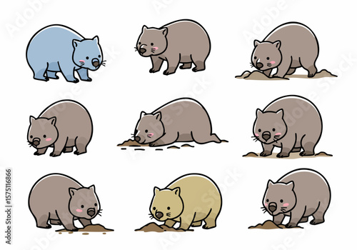 Set of cute cartoon wombats in different poses and colors, isolated on a white background.