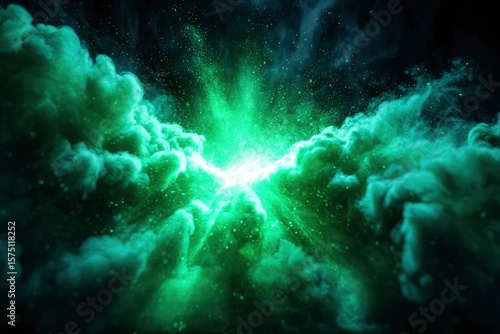 A green burst of energy pierces through turbulent swirling smoke clouds