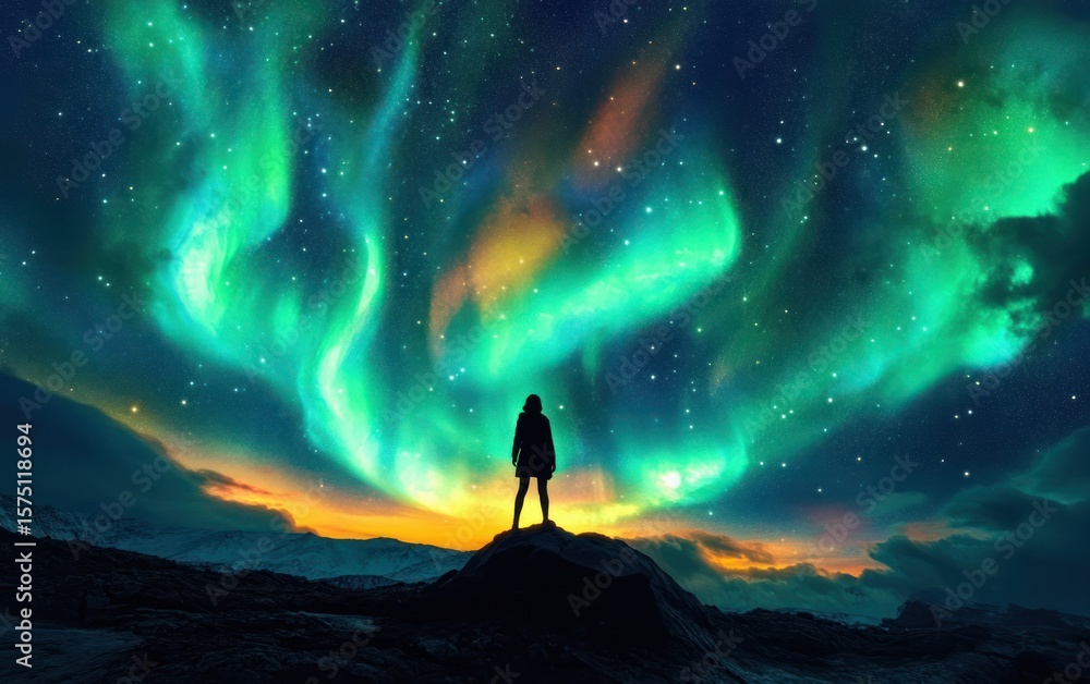 Fototapeta premium Silhouette of a person standing on a rock under a vibrant green and blue aurora borealis with starry night sky and distant mountains at sunset