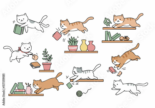 Playful cartoon cats create chaos on shelves, knocking off books, plants, and vases in a cute illustration of domestic pet mischief.