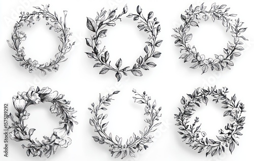 Set of six elegant hand-drawn botanical wreaths composed of various leaves, flowers, and branches with detailed linework creating a natural and delicate feel