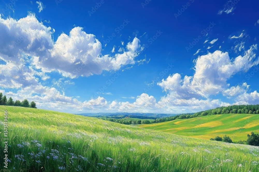 Fototapeta premium Expansive green meadow under a bright blue sky filled with fluffy white clouds, surrounded by rolling hills and distant tree lines, evoking calm and peacefulness