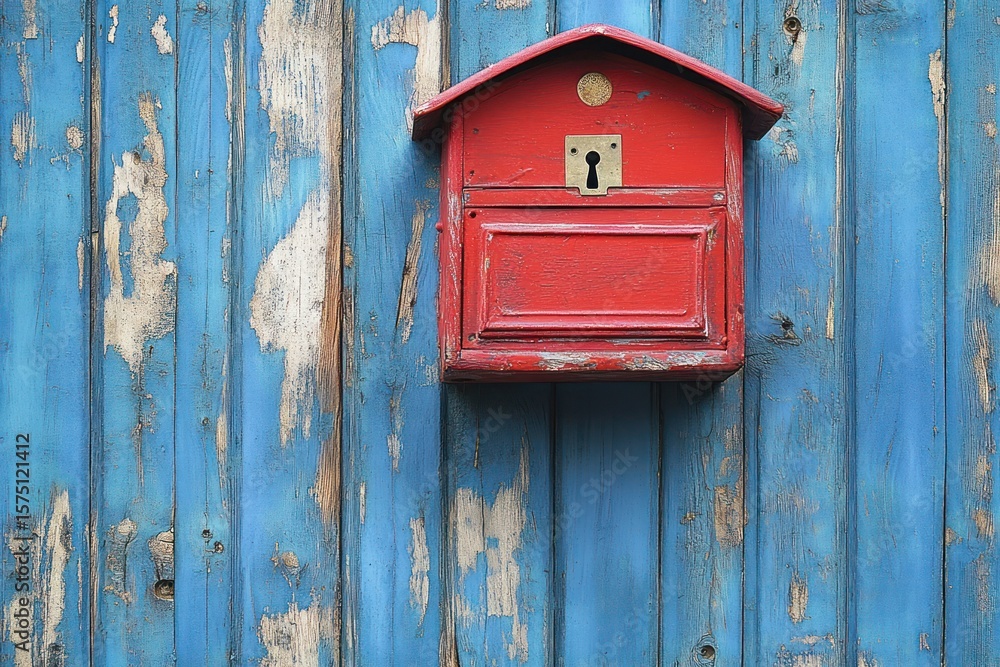 Old red mailbox with a keyhole mounted on a weathered blue wooden wall with peeling paint Old red mailbox with a keyhole mounted on a weathered blue wooden wall with peeling paint