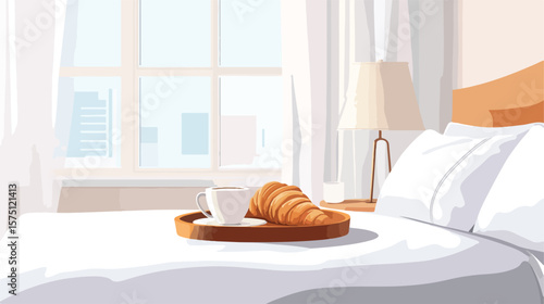 Luxury Hotel Bedding with Coffee and Croissant Tray